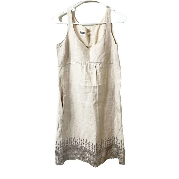 Eileen Fisher Womens Beige Shift Dress 4 Sequin Hem Pocket V Neck Sleeveless - Picture 1 of 9